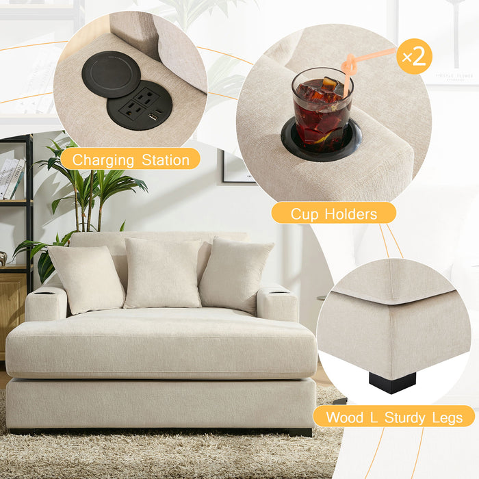 Oversized Chaise Lounger Modern Style Sofa Couch With Pillows, Charge Station & Cup Holders