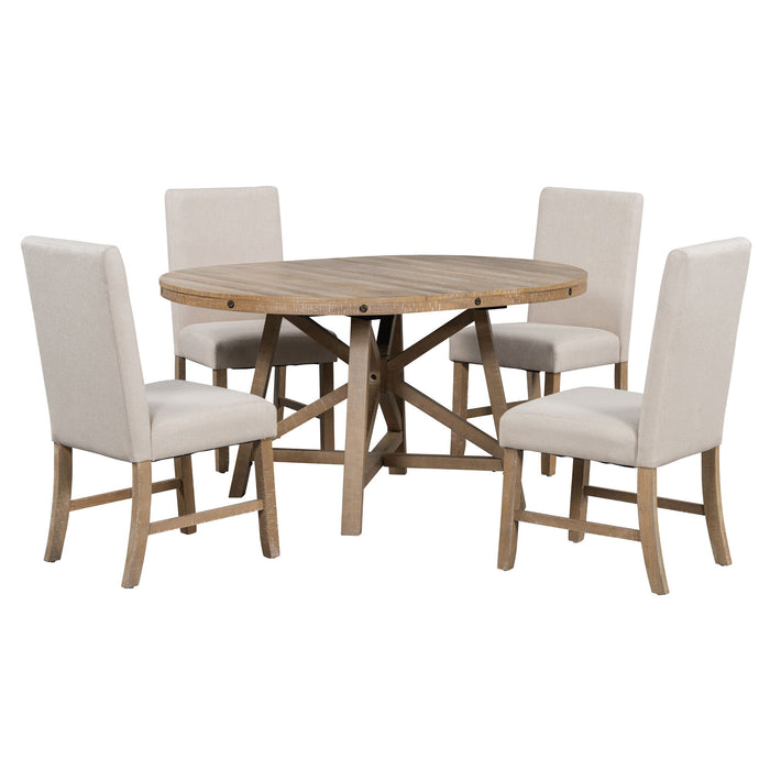 Trexm 5 Piece Retro Functional Dining Set With Extendable Round Table With Removable Middle Leaf And 4 Upholstered Chairs For Dining Room And Living Room (Natural Wood Wash)
