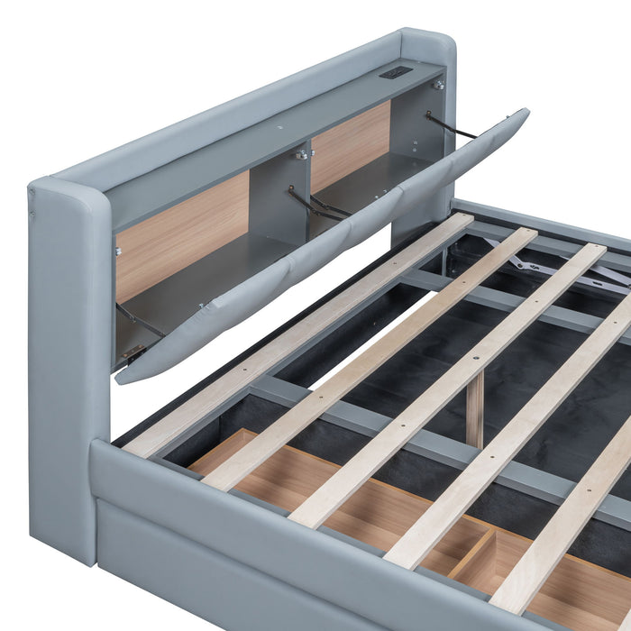 Upholstered Mother & Child Bed With Hydraulic Storage System, Drawer Box, Bedhead Storage Shelf And 2 Pairs Of Sockets & USB Ports