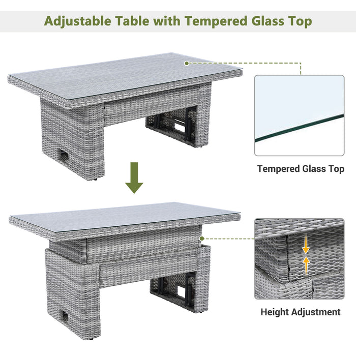 Outdoor Furniture Set Patio Rattan Furniture Set With Adjustable Table, Recliners With Extendable Side Tables And 2 Ottomans