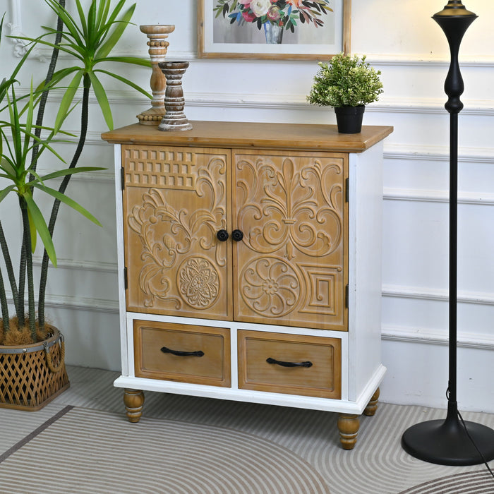 Accent Flower Carved Door Sideboard Cabinet With 2 Drawers For Kitchen - Natural Wood Wash / White