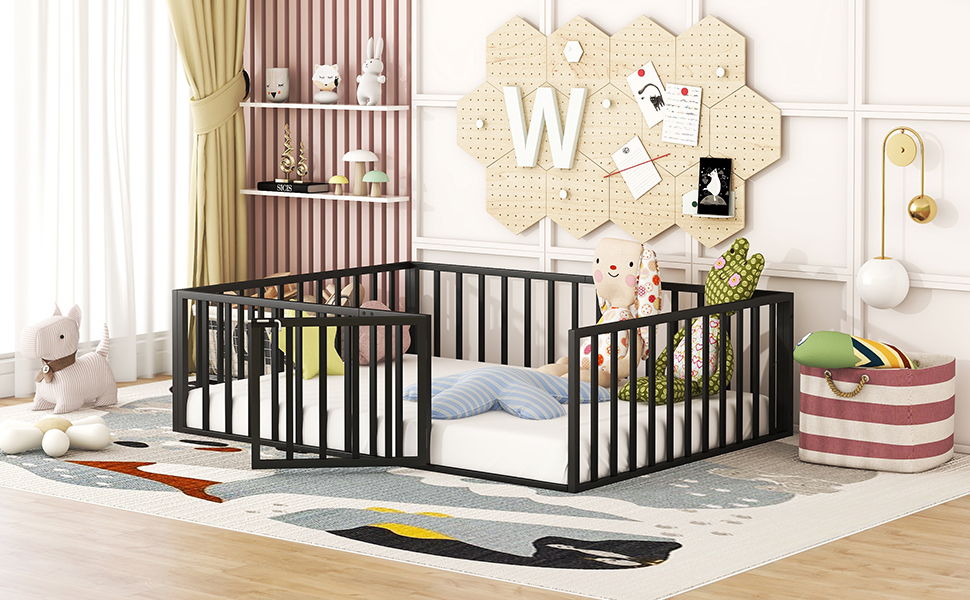 Metal Floor Bed Frame With Fence And Door