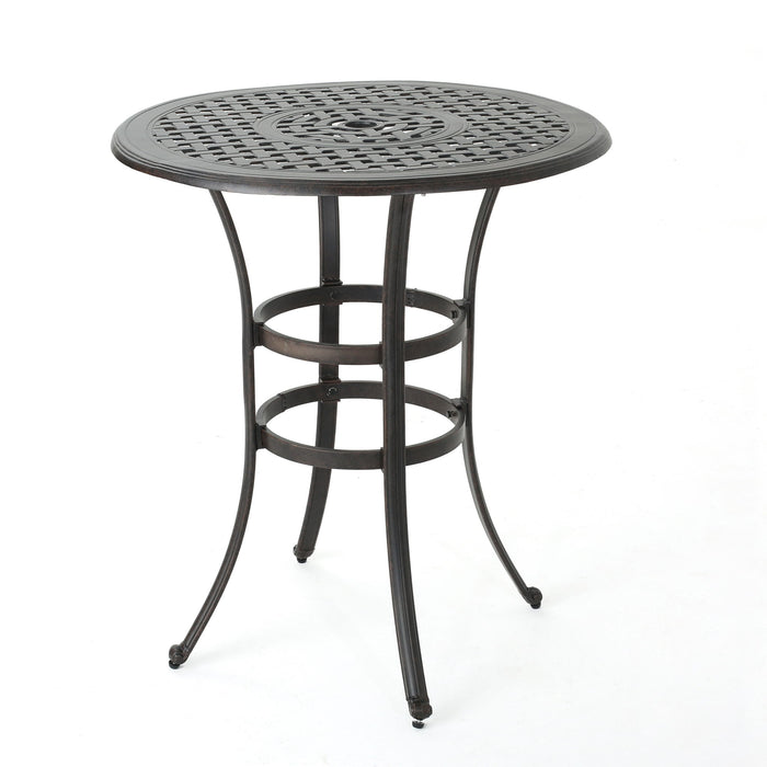 Traditional Style Cast Aluminum Bar Table With Lattice Design And Umbrella Holder - Bronze