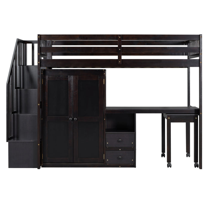 Loft Bed With Stairs, Bookshelf, Drawers, Desk & Wardrobe, Space Saving Multifunctional Furniture