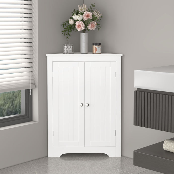 Corner Cabinet With 2 Doors And Adjustable Shelves, Freestanding Narrow Storage Organizer For Bathroom - White