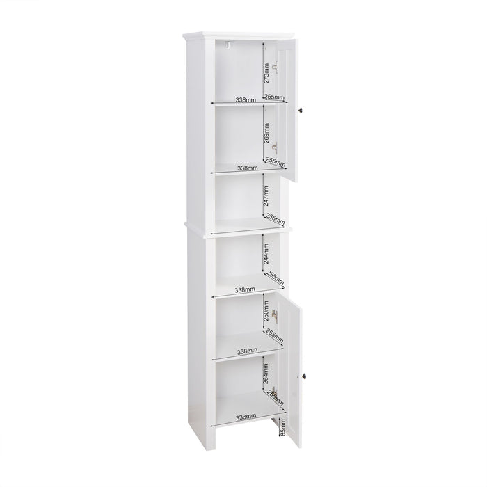 Wooden Bathroom Floor Storage Cabinet With 2 Doors And 6 Shelves - White