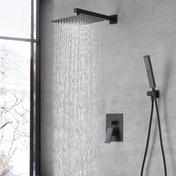 Male Npt Matte Black Shower System, Shower Faucet Set For Bathroom Shower Fixtures With 12" Rain Shower Head And Handheld (Pressure Balance Shower Trim Valve Kit Included)