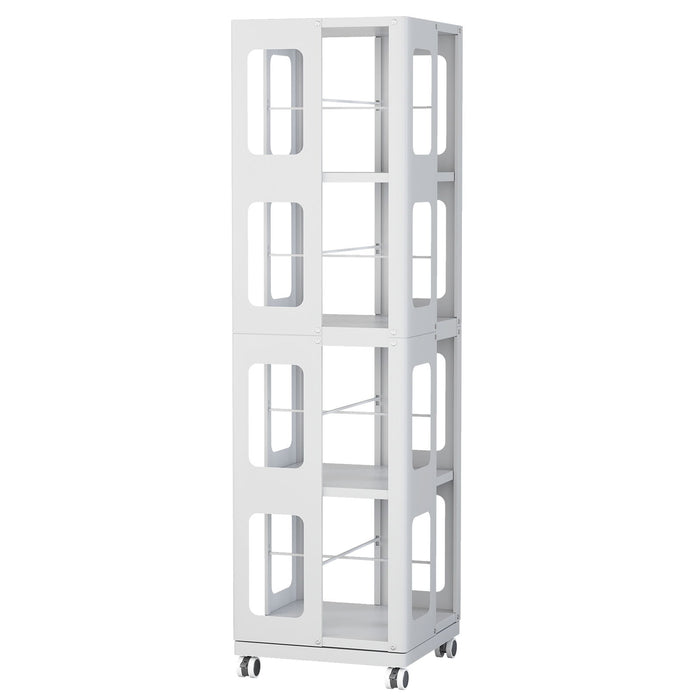 4 Tier All Steel Rotating Bookshelf With 360° Wheels, Large Size Sturdy & Spacious Book Rack, New Style Bookshelf - White