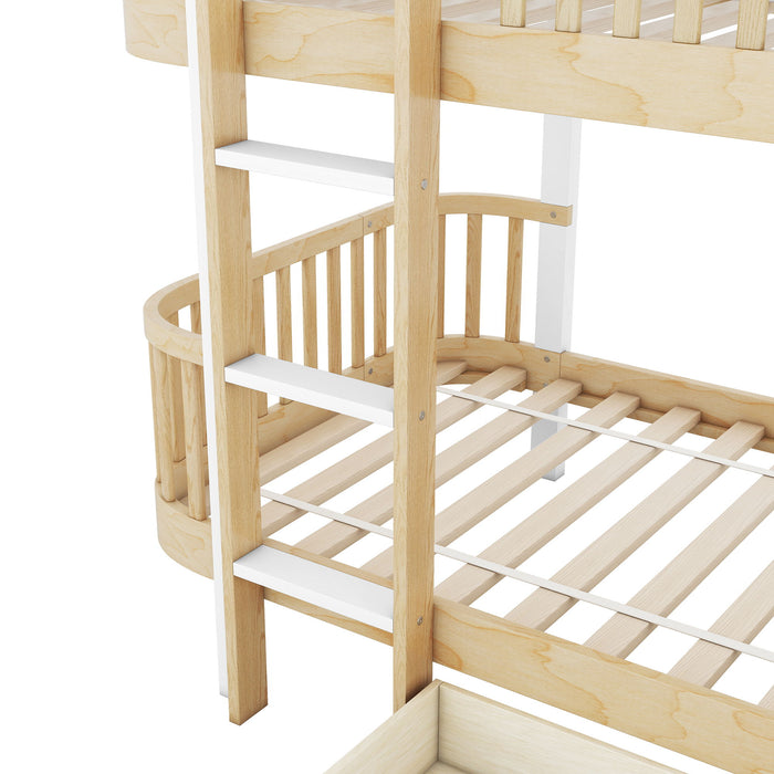 Wood Twin Over Twin Bunk Bed With Fence Guardrail And A Big Drawer, Natural White