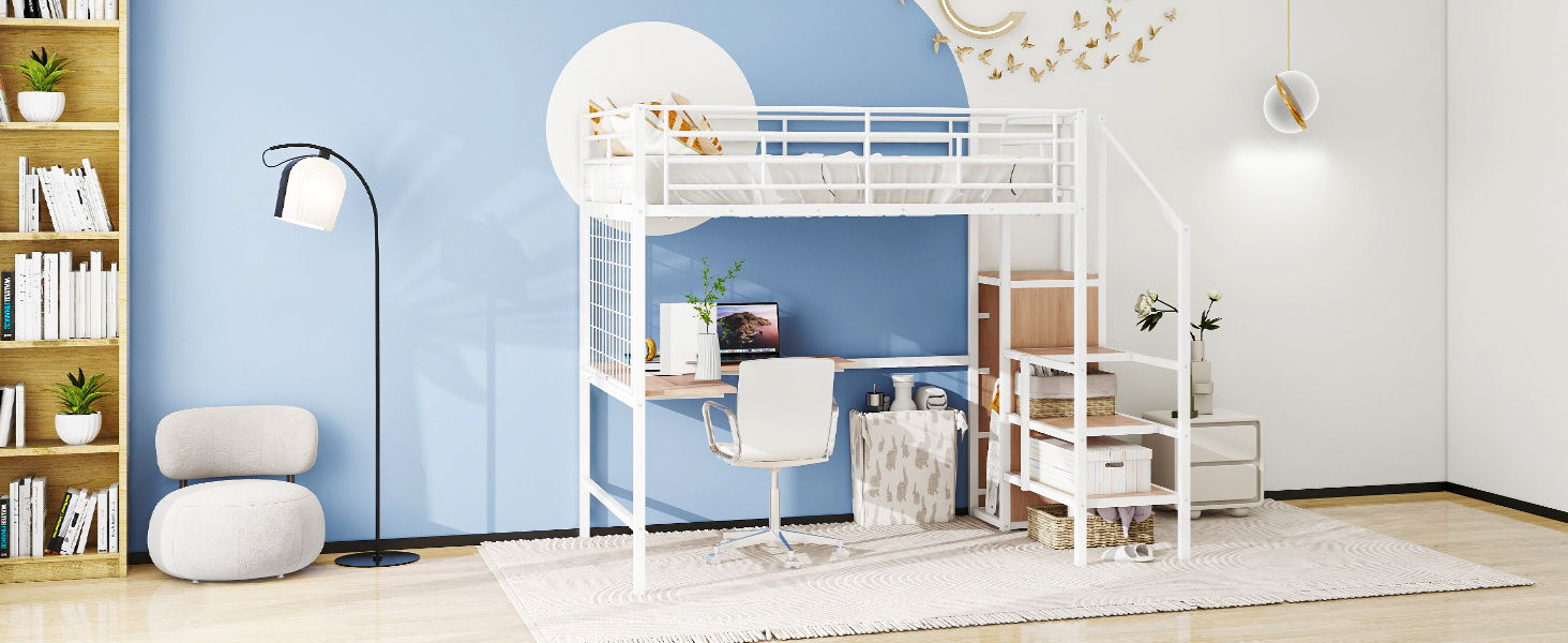 Loft Bed With Desk And Grid, Stylish Frame With Lateral Storage Ladder And Wardrobe