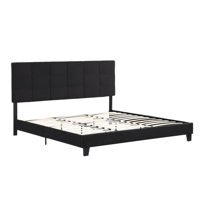 King Size Upholstered Platform Bed Frame With Linen Fabric Headboard, No Box Spring Needed, Wood Slat Support, Black