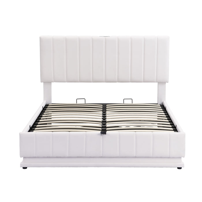 Upholstered Bed With Hydraulic Storage System And LED Light, With Sockets And USB Ports