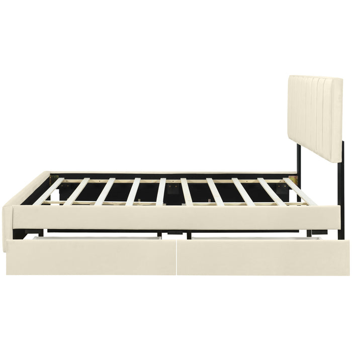 Upholstered Platform Bed With 2 Drawers And 1 Trundle, Classic Strip Headboard Design