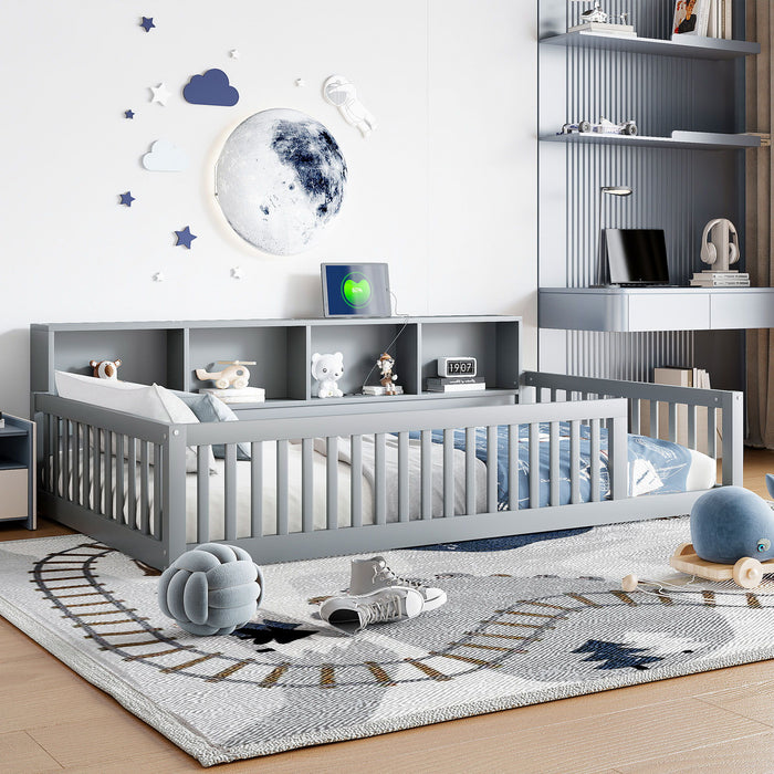 Twin Long Floor Bed With Storage Cabinets And USB Ports - Gray