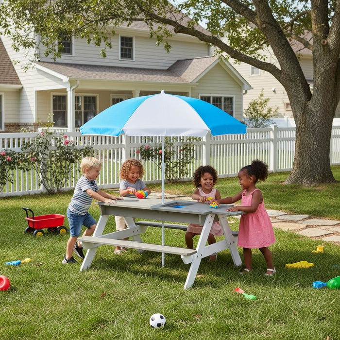 Wooden Kids Picnic Table, Sand And Water Table With Umbrella, Activity Table For Outdoor Backyard Patio Play - White / Gray