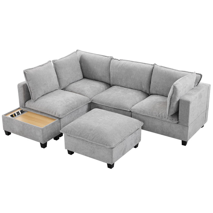 U-Shaped Sectional Modular Sofa With A Movable Ottoman, A Coffee Table With Hidden Charging Devices For Living Room