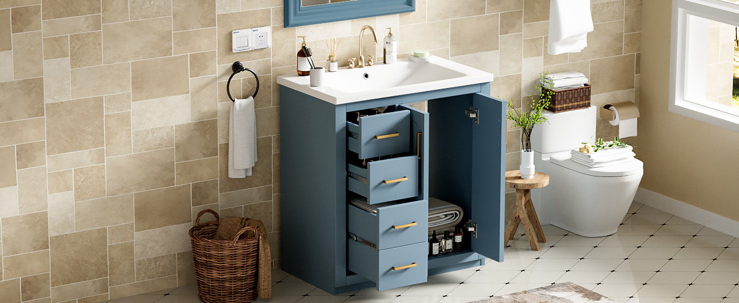 Ceramic Sink Combo, Freestanding Vanity Set With 3 Drawers & Soft Closing Doors