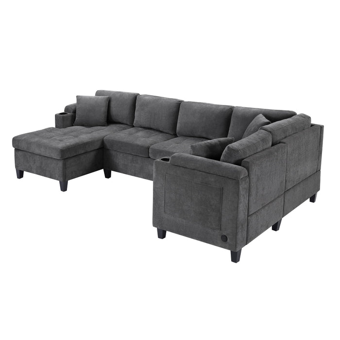 U Shaped Sectional Sofa, Corner Living Room Couch With Built In Cup Holders, Storage, USB Ports