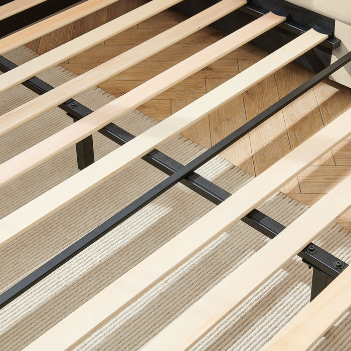 Mid-Century Upholstered Tufted Bed Frame With Backrest And Armrests