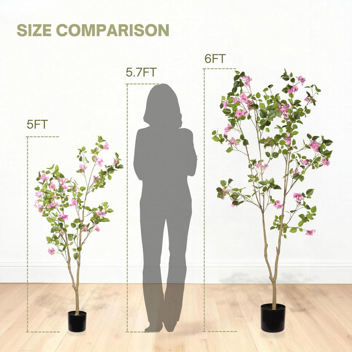 Artificial Bougainvillea Tree With Pot, Realistic Faux Flowering Plant Leaves And Blooms, Decor For Home Office - Green Leaves / Pink