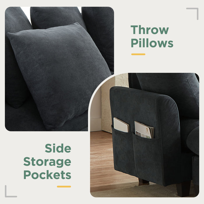 Upholstered L Shaped Sectional Sofa With Storage, Movable Ottoman, And 6 Throw Pillows