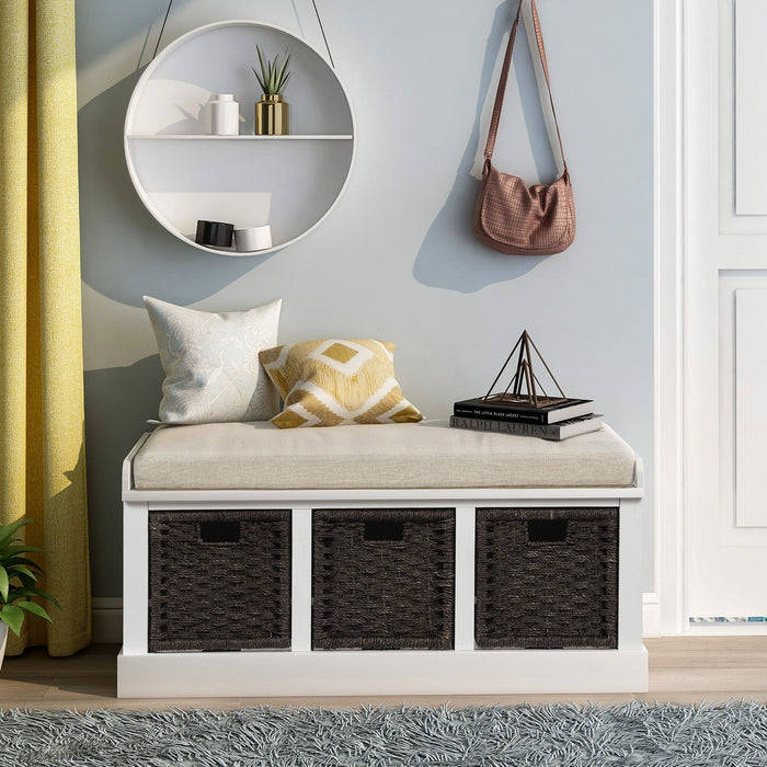 Trexm Rustic Storage Bench With 3 Removable Classic Rattan Basket, Entryway Bench Storage Bench With Removable Cushion (White)