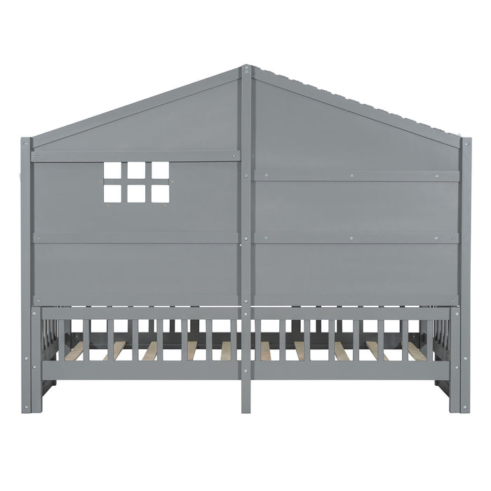 House Bed With Shelves, Window And Sparkling Light Strip On The Roof