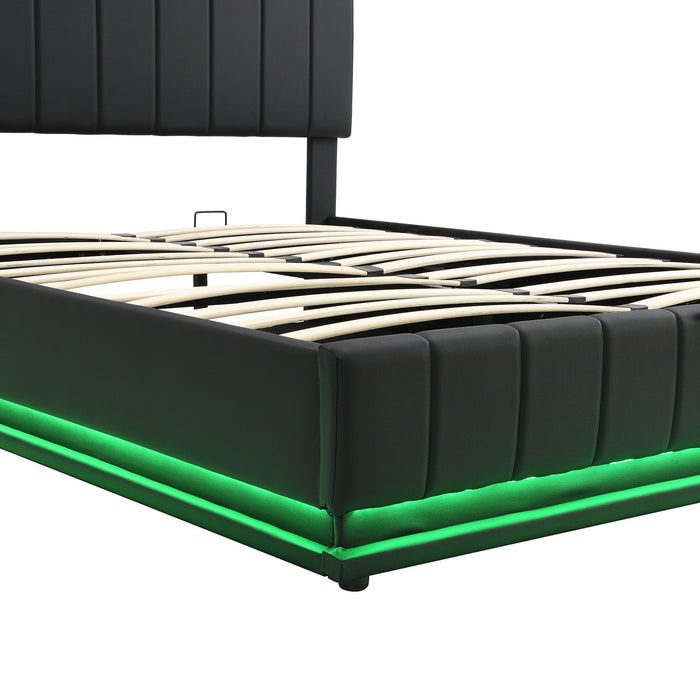 Upholstered Bed With Hydraulic Storage System And LED Light, With Sockets And USB Ports