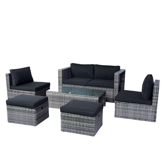 6 Piece Patio Wicker Sectional Set Patio Backyard Conversation Set Space Saving - Gray / Black
