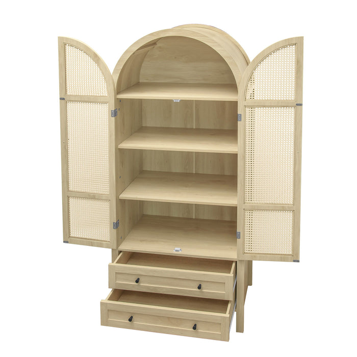 Tall Arched Kitchen Pantry, Arched Storage Display Cabinet With 2 Drawers & Adjustable Shelves, Rattan Door Versatile Storage Cabinet For Kitchen, Dining Room, Living Room - Natural