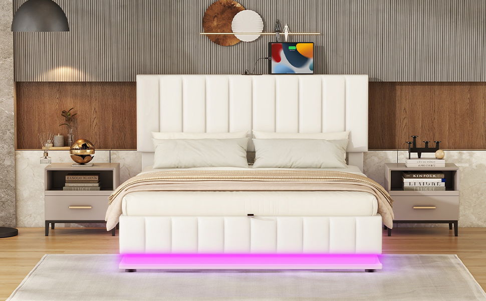 Upholstered Bed With Hydraulic Storage System And LED Light, With Sockets And USB Ports