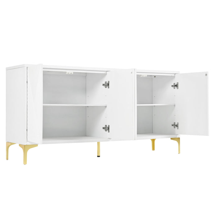 Modern Wood Sideboard Cabinet With Carved Door Panels, Adjustable Shelves, And Sturdy Metal Legs