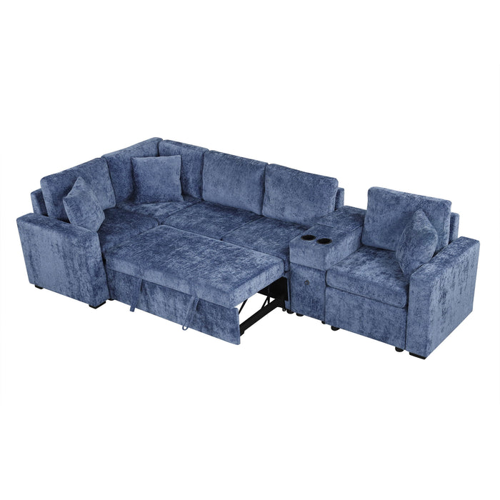 Contemporary L Shaped Convertible Sofa Bed With Pull Out Bed, Cup Holders, And Storage