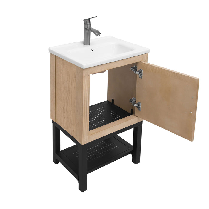 Modern Freestanding Bathroom Vanity With Ceramic Sink, Hot And Cold Faucet, 1 Door Cabinet & Open Shelf