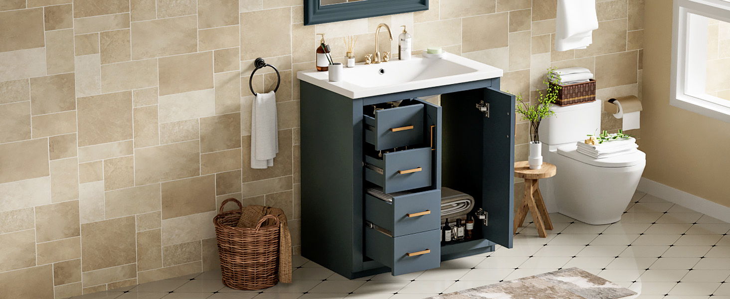 Ceramic Sink Combo, Freestanding Vanity Set With 3 Drawers & Soft Closing Doors