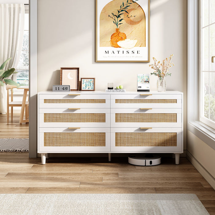 Rattan Dresser With 6 Drawers, Wooden Legs & Metal Handle