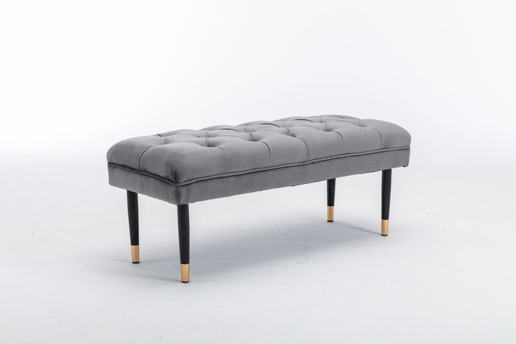 Tufted Bench Modern Velvet Button Upholstered Ottoman Enches Bedroom Rectangle Fabric Footstool With Metal Legs For Living Room Entryway, Gray