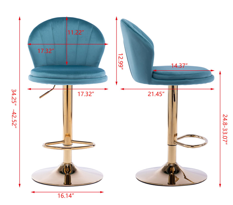 (Set of 2) Bar Stools, With Chrome Footrest And Base Swivel Height Adjustable Mechanical Lifting Velvet And Golden Leg Simple Bar Stool - Baby Blue