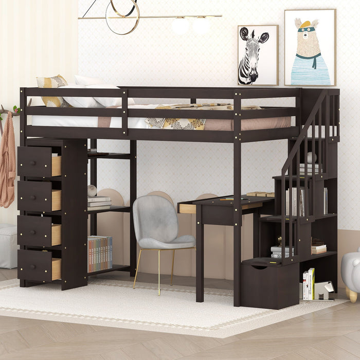 Loft Bed With Storage Drawers, Desk And Stairs With Shelves