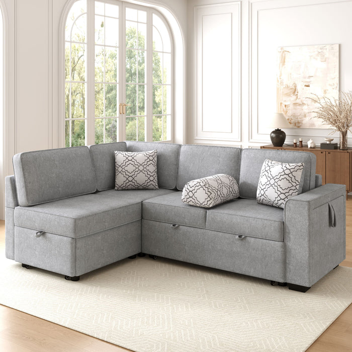 Convertible Sectional L-Shaped Sofa With Dual Pull-Out Sleepers, Flip-Top Table, USB Ports, Cup Holder & Storage