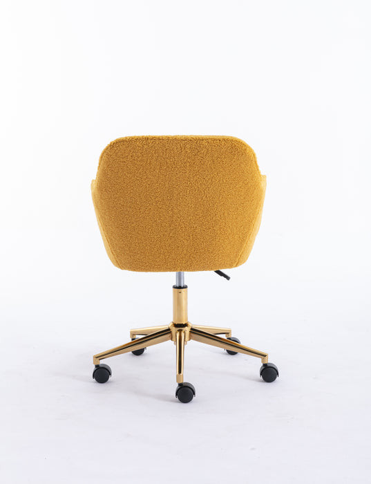 Modern Teddy Fabric Material Adjustable Height 360 Revolving Home Office Chair With Gold Metal Legs And Universal Wheel For Indoor, Yellow
