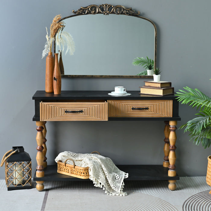 Accent Carved Console Table With Open Shelf And 2 Drawers Living Room - Black / Natural Wood Wash
