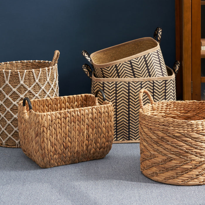 Square Palm Leaf Woven Wicker Storage Basket With Handles (Set of 2) - Back / Brown