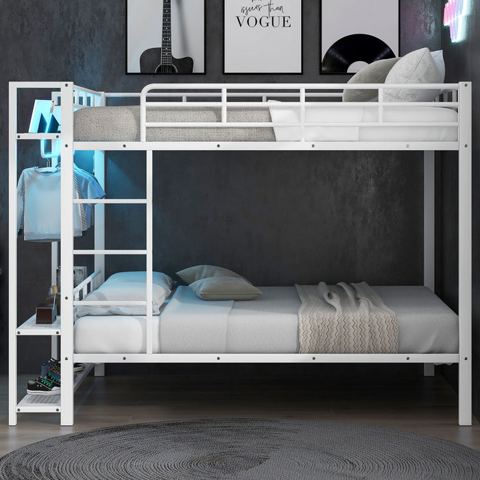 Bunk Bed With Storage Mesh Shelves, Clothes Hooks, LED Light
