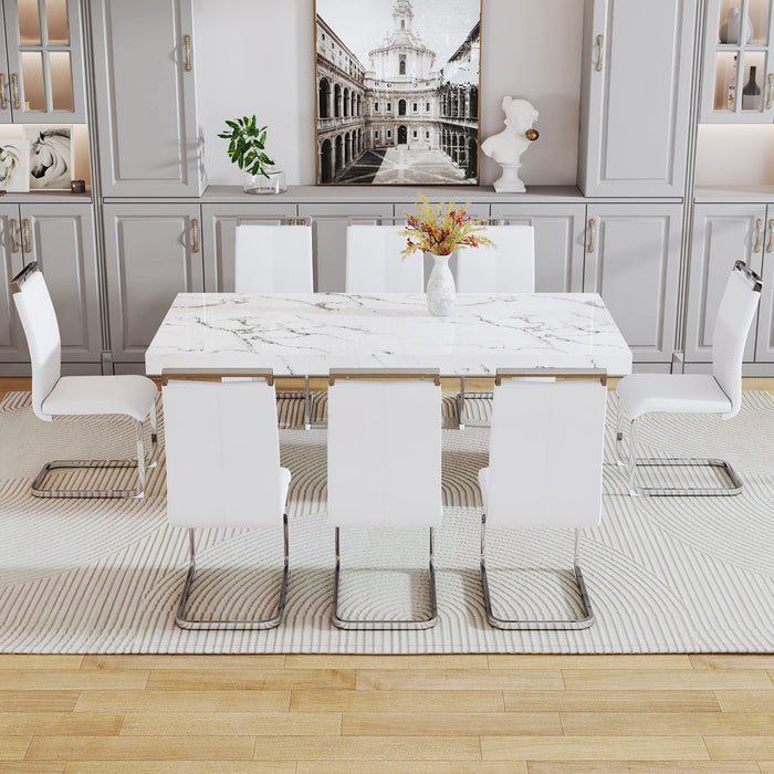 One Piece Of White MDF Material With Patterns On The Dining Table 8 PU Synthetic Leather High Backrest Cushioned Side Chairs With C-Shaped Silver Metal Legs