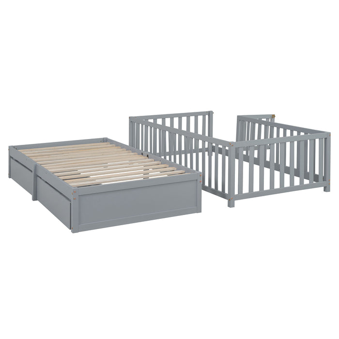Daybed With Fence Guardrails And 2 Drawers, Split Into Independent Floor Bed & Daybed
