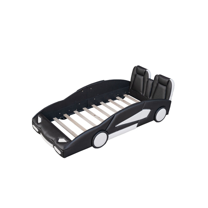 Race Car Shaped Twin Platform Bed With Wheels, Pine Wood Construction