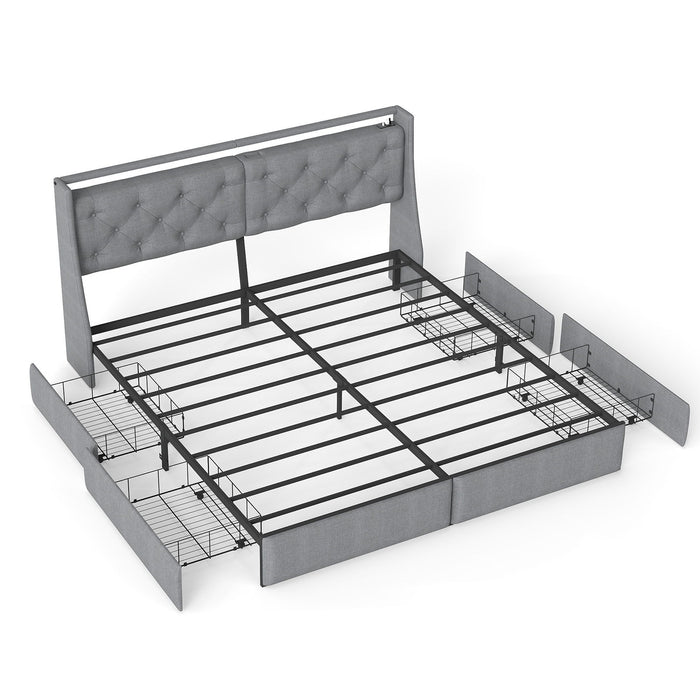 Platform Bed Frame With RGB LED Lights, Charging Station, Storage Headboard & 4 Underbed Drawers