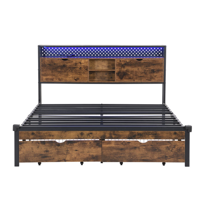 Modern Metal Platform Bed Frame With Wooden Headboard, USB Charging Station, Storage Drawers
