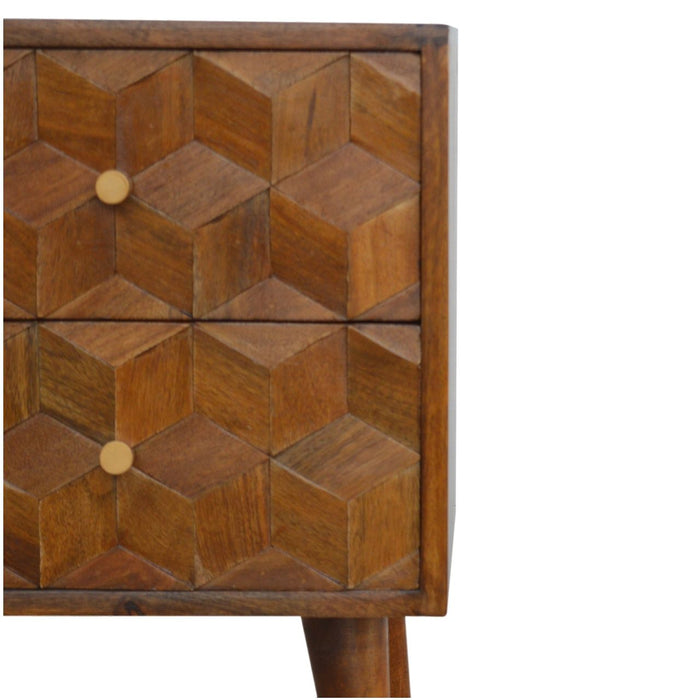 Cube Carved Bedside Table Nightstand - Chestnut